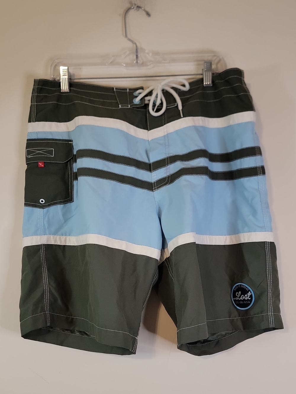 Lost At Sea Men's Light Blue & Olive Striped Swim Board Shorts